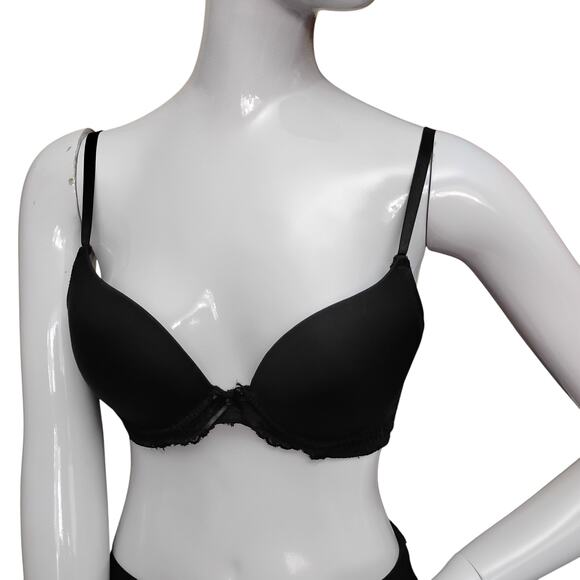 Black Wired Push Up Bra Size 34C Lace Sides Back Band Adjustable Straps and Back - Picture 1 of 8